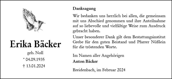 Traueranzeige von Erika Bäcker von Hinterländer Anzeiger