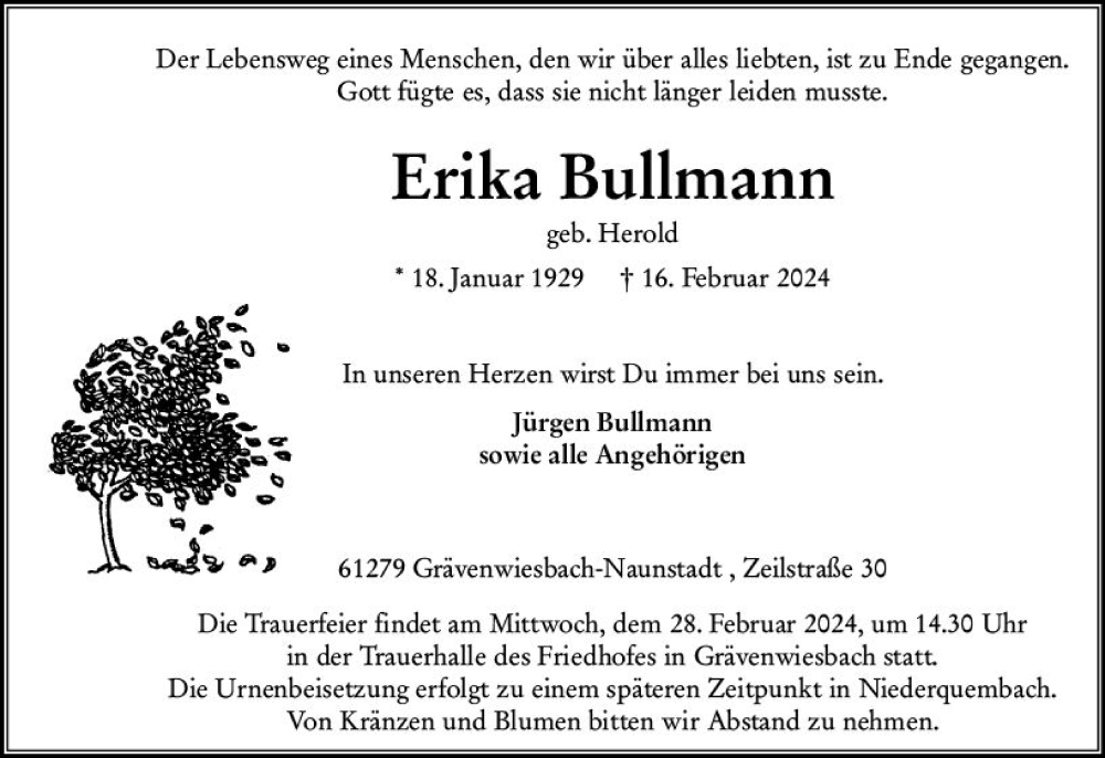  Traueranzeige für Erika Bullmann vom 24.02.2024 aus Weilburger Tageblatt