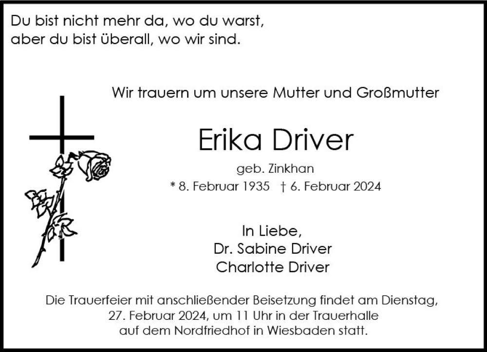  Traueranzeige für Erika Driver vom 17.02.2024 aus Wiesbadener Kurier