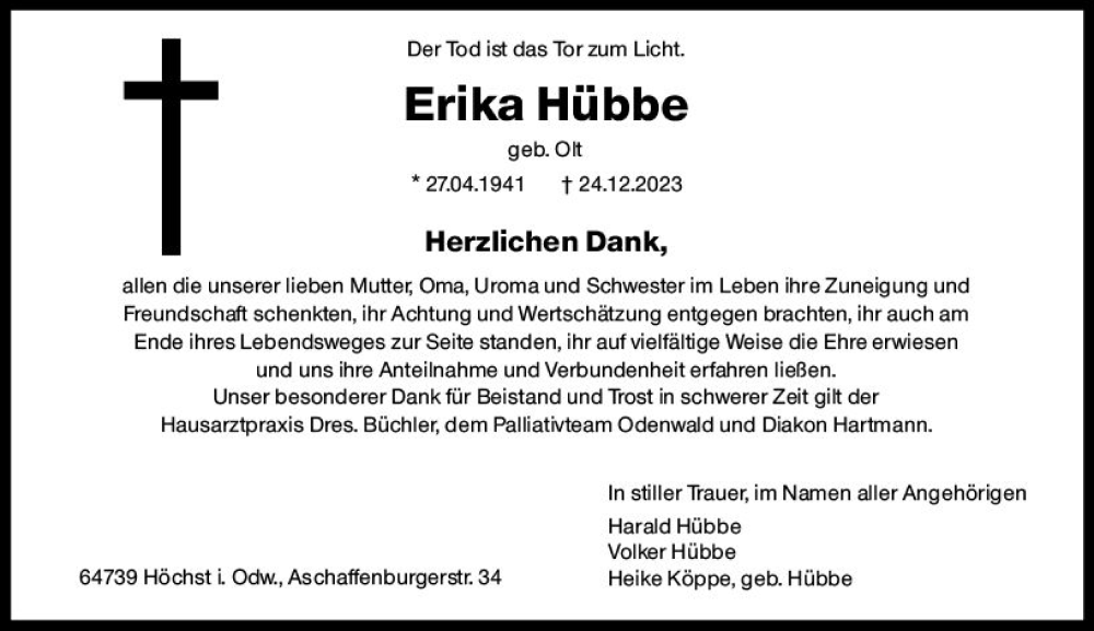  Traueranzeige für Erika Hübbe vom 24.02.2024 aus Odenwälder Echo