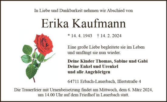 Traueranzeige von Erika Kaufmann von Odenwälder Echo
