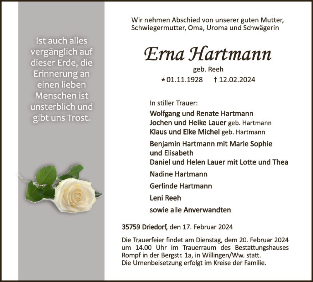  Traueranzeige für Erna Hartmann vom 17.02.2024 aus Dill Block