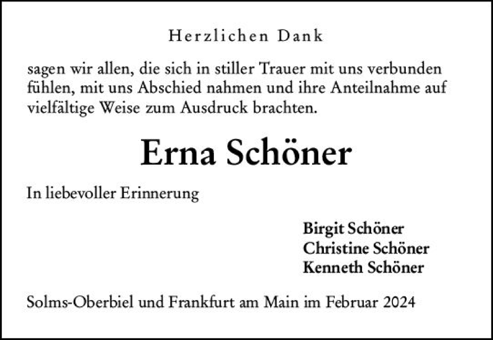  Traueranzeige für Erna Schöner vom 24.02.2024 aus Wetzlarer Neue Zeitung