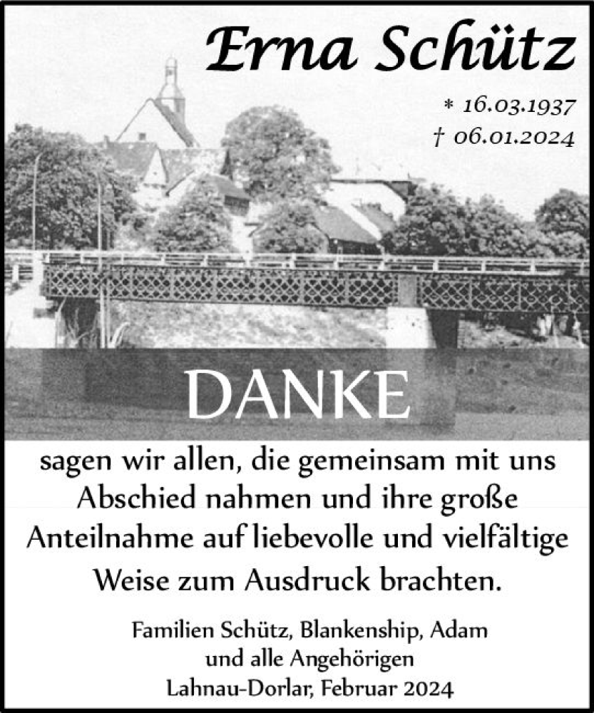  Traueranzeige für Erna Schütz vom 10.02.2024 aus Wetzlarer Neue Zeitung