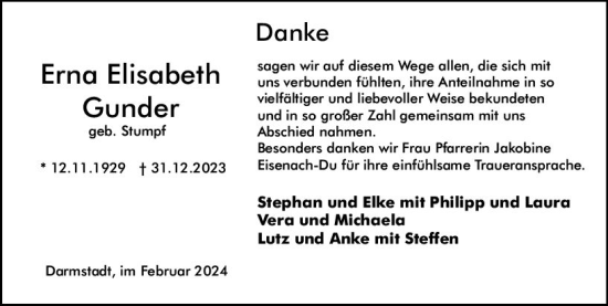 Traueranzeige von Erna Elisabeth Gunder von Darmstädter Echo