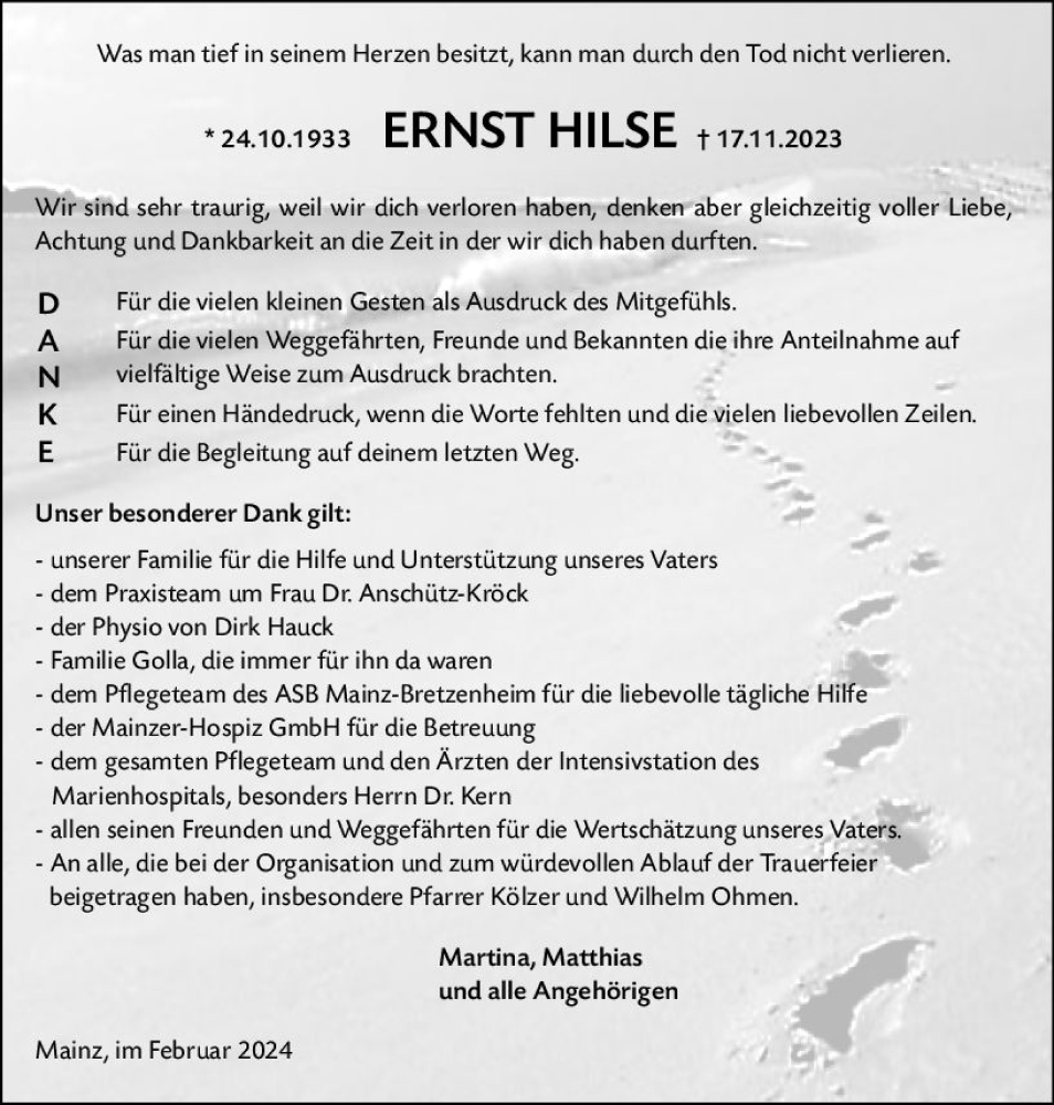  Traueranzeige für Ernst Hilse vom 10.02.2024 aus Allgemeine Zeitung Mainz