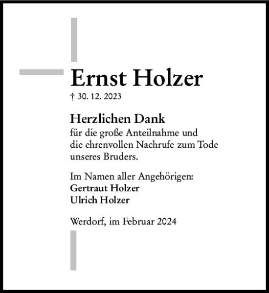 Traueranzeige von Ernst Holzer von Wetzlarer Neue Zeitung