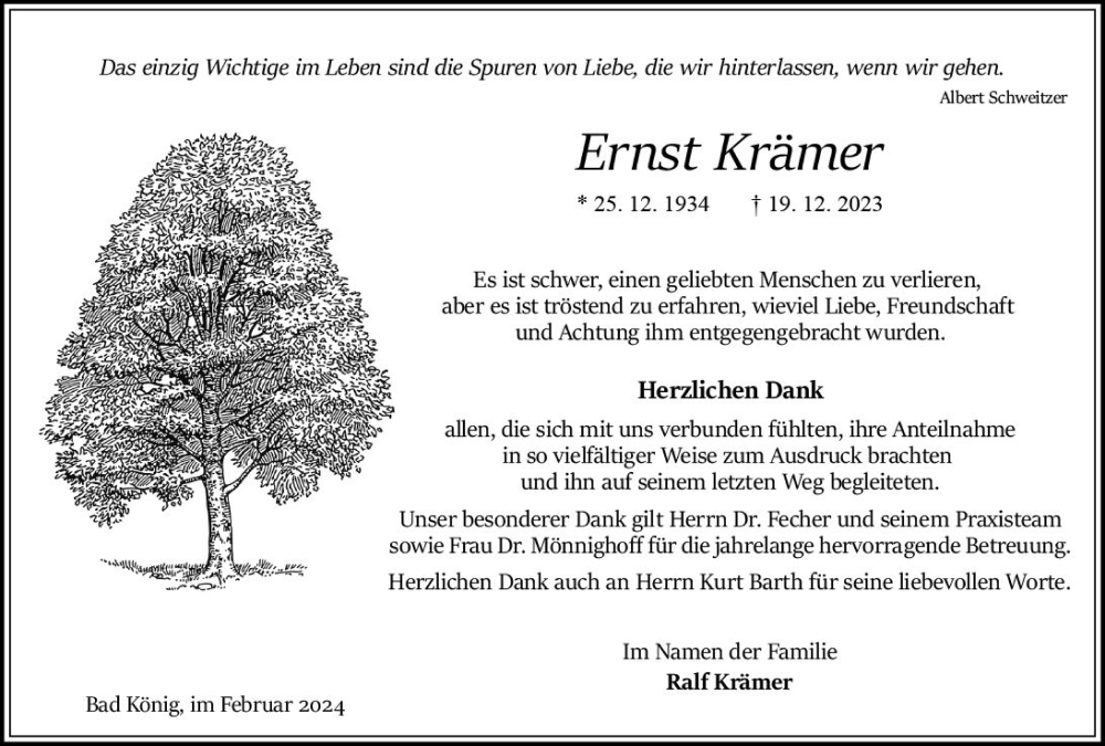  Traueranzeige für Ernst Krämer vom 03.02.2024 aus Bergsträßer Anzeiger