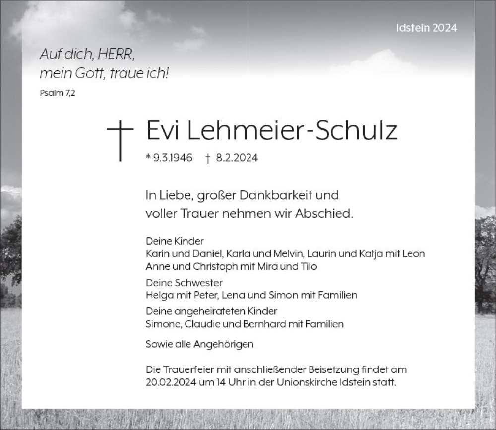  Traueranzeige für Evi Lehmeier-Schulz vom 17.02.2024 aus Idsteiner Land/Untertaunus