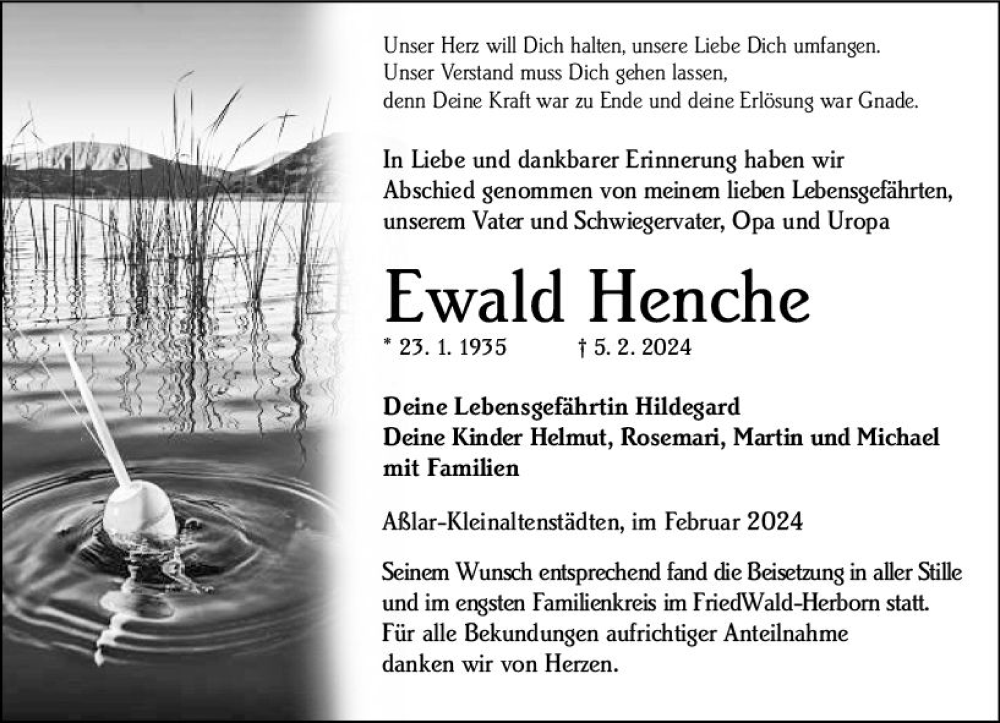  Traueranzeige für Ewald Henche vom 17.02.2024 aus Wetzlarer Neue Zeitung