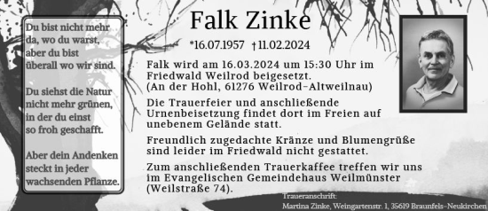 Traueranzeige von Falk Zinke von Wetzlarer Neue Zeitung
