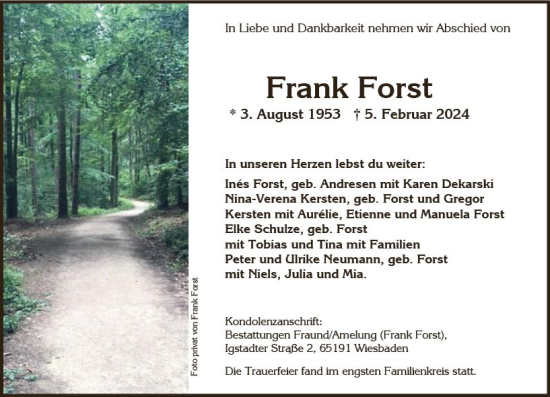 Traueranzeige von Frank Forst von Wiesbadener Kurier
