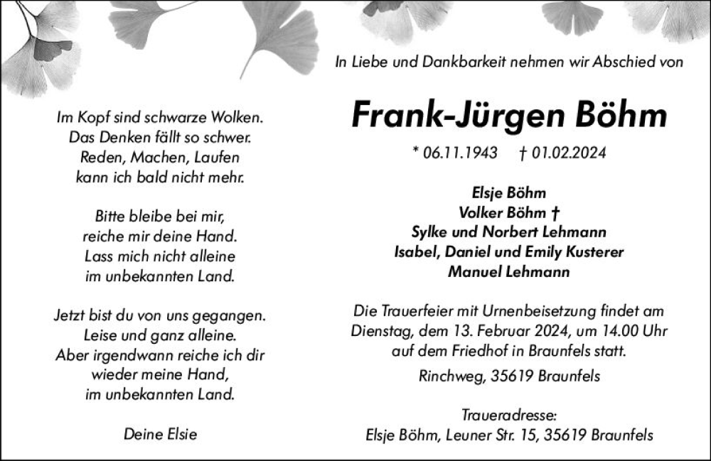  Traueranzeige für Frank-Jürgen Böhm vom 10.02.2024 aus Wetzlarer Neue Zeitung