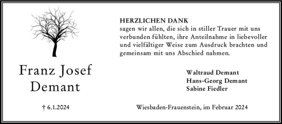 Traueranzeige von Franz Demant von Wiesbadener Kurier