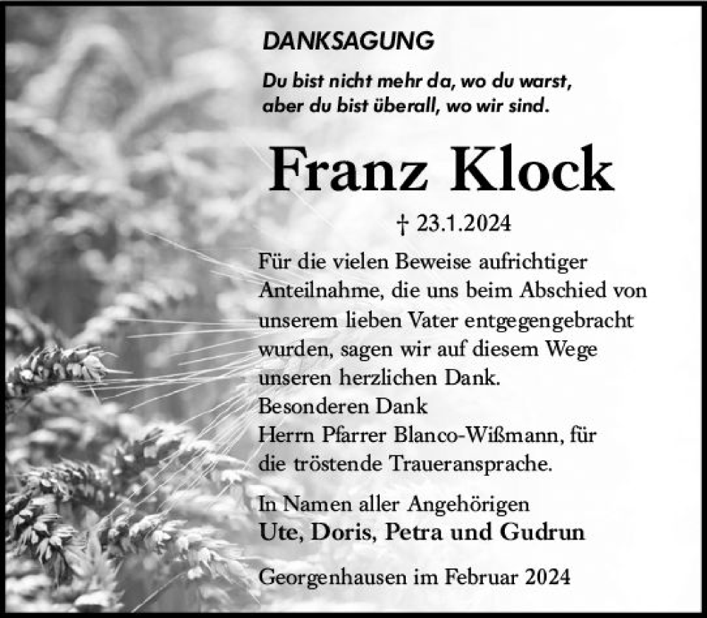 Traueranzeige für Franz Klock vom 17.02.2024 aus Darmstädter Echo