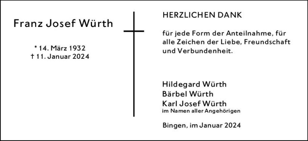  Traueranzeige für Franz Josef Würth vom 03.02.2024 aus Allgemeine Zeitung Bingen/Ingelheim