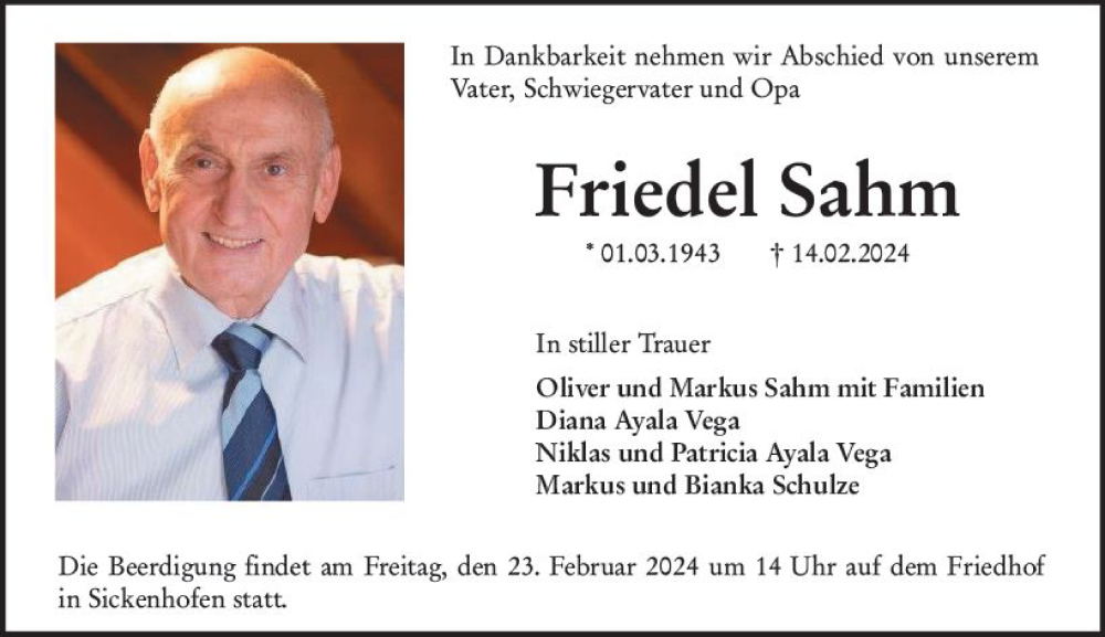  Traueranzeige für Friedel Sahm vom 19.02.2024 aus Darmstädter Echo
