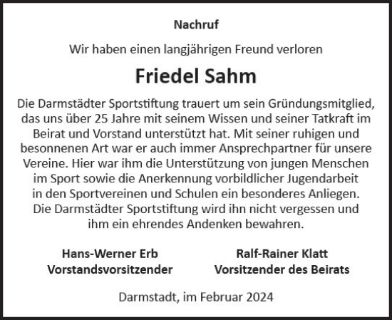 Traueranzeige von Friedel Sahm von Darmstädter Echo