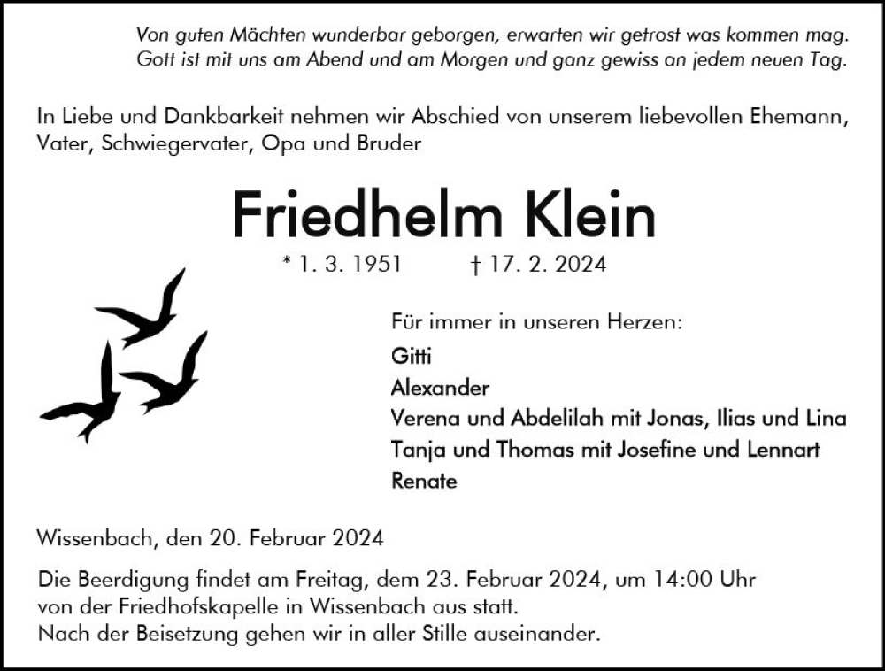  Traueranzeige für Friedhelm Klein vom 20.02.2024 aus Dill Block