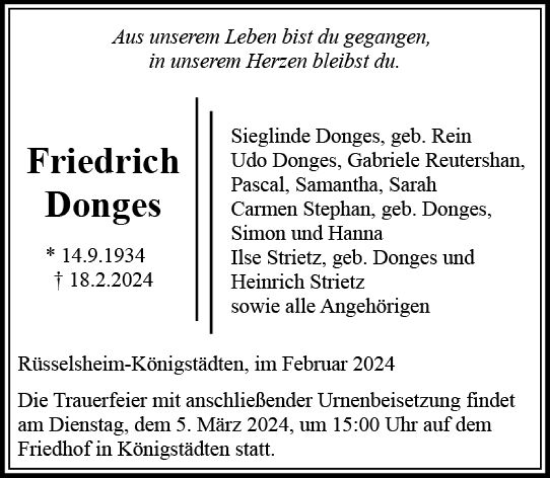 Traueranzeige von Friedrich Donges von Rüsselsheimer Echo