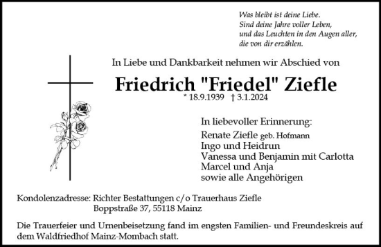 Traueranzeige von Friedrich Ziefle von Allgemeine Zeitung Mainz
