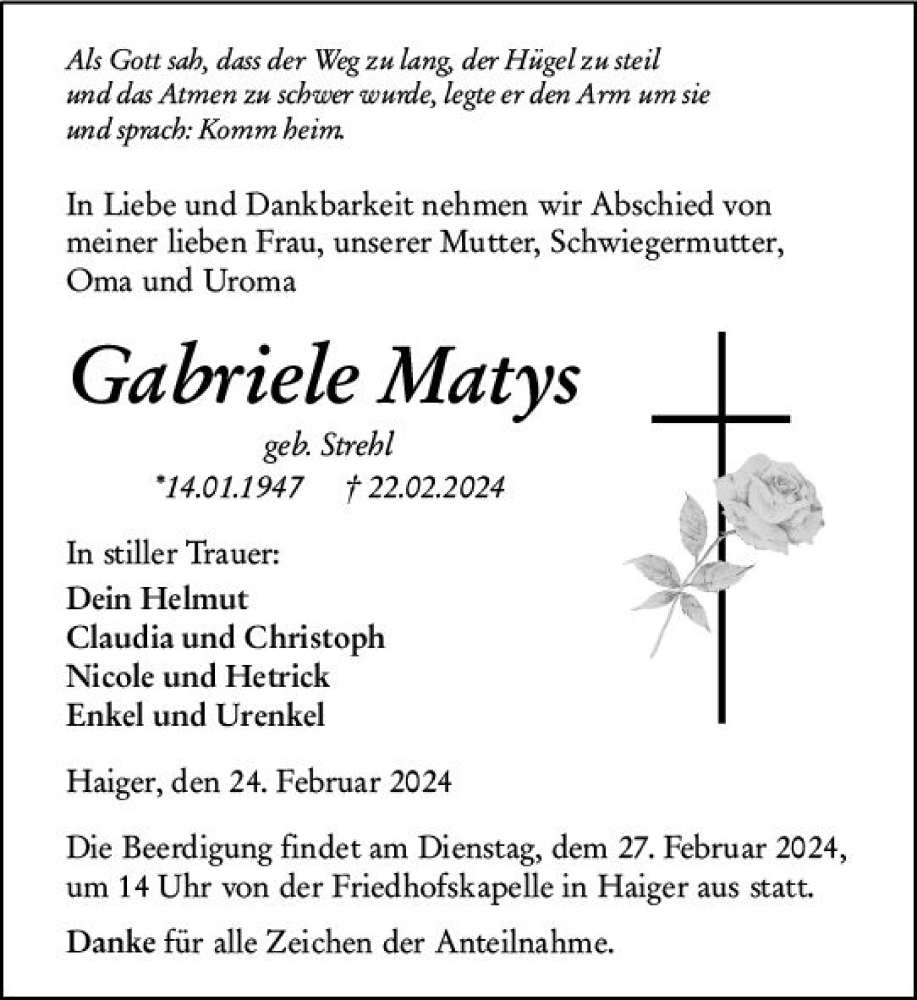  Traueranzeige für Gabriele Matys vom 24.02.2024 aus Dill Block