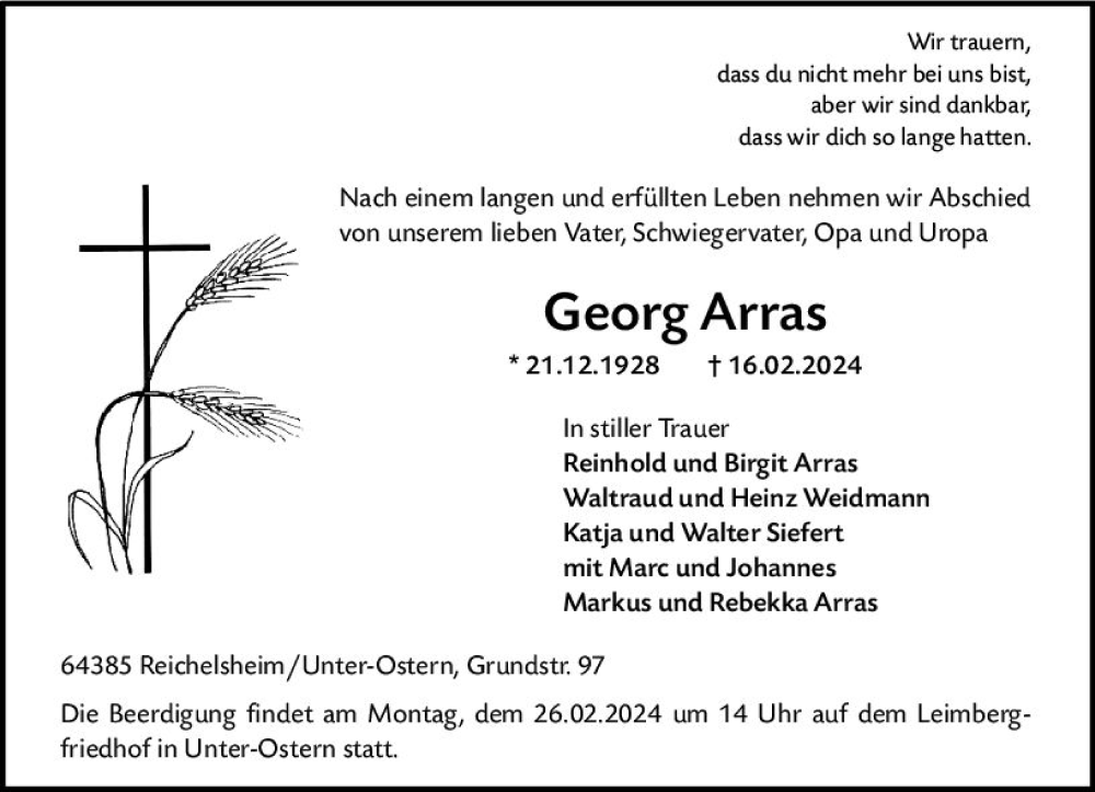  Traueranzeige für Georg Arras vom 24.02.2024 aus Odenwälder Echo