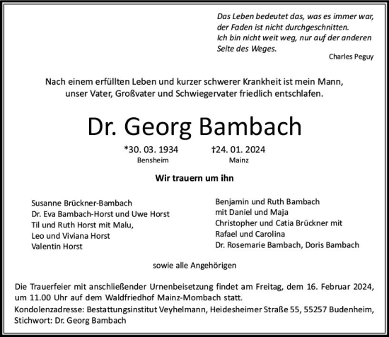 Traueranzeige von Georg Bambach von Allgemeine Zeitung Mainz