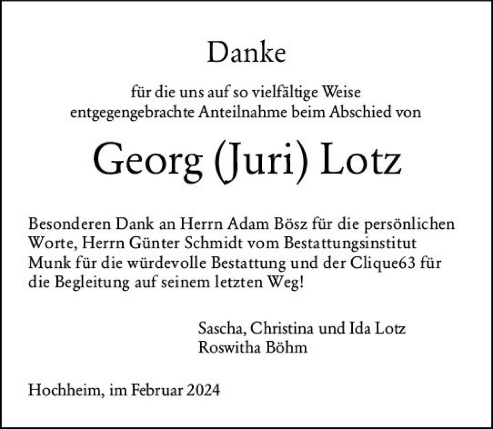  Traueranzeige für Georg Lotz vom 02.02.2024 aus Hochheimer Zeitung