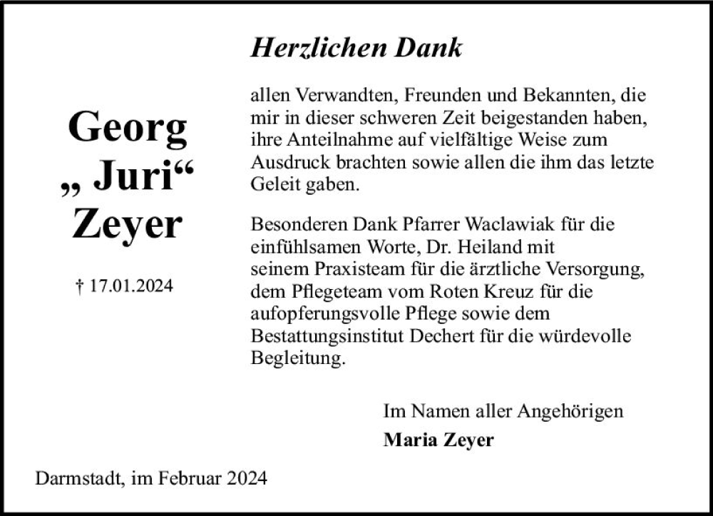  Traueranzeige für Georg Zeyer vom 17.02.2024 aus Darmstädter Echo