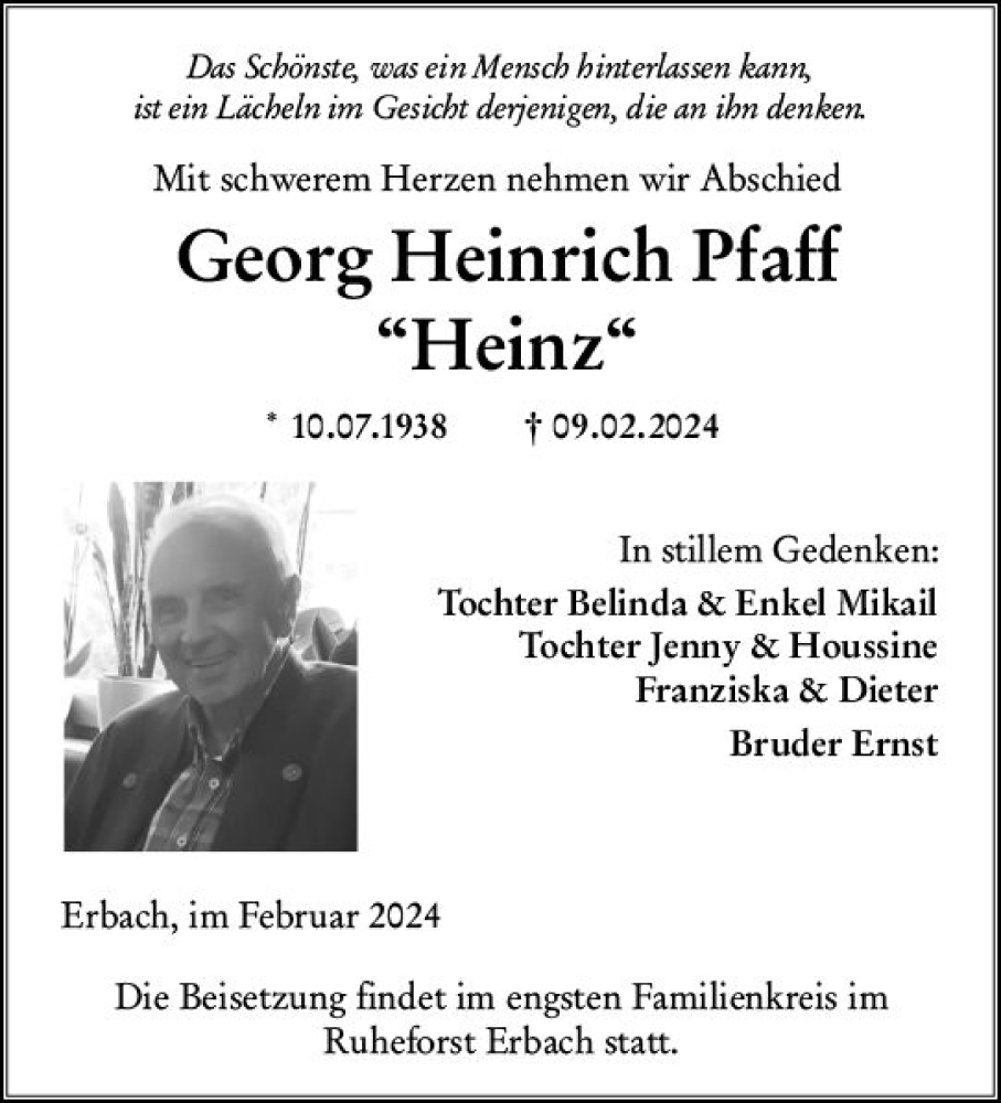  Traueranzeige für Georg Heinrich Pfaff vom 17.02.2024 aus Odenwälder Echo
