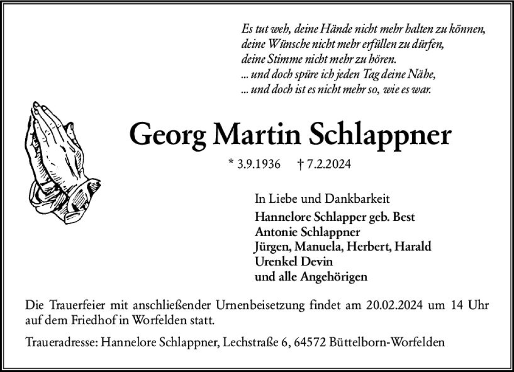  Traueranzeige für Georg Martin Schlappner vom 17.02.2024 aus Groß-Gerauer Echo