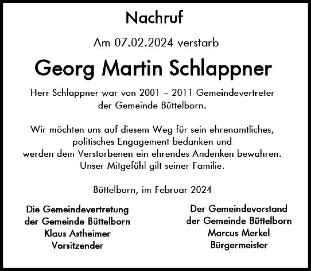  Traueranzeige für Georg Martin Schlappner vom 17.02.2024 aus Groß-Gerauer Echo