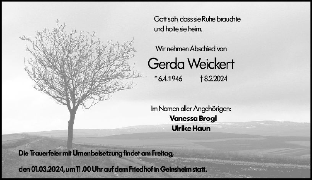  Traueranzeige für Gerda Weickert vom 24.02.2024 aus Groß-Gerauer Echo