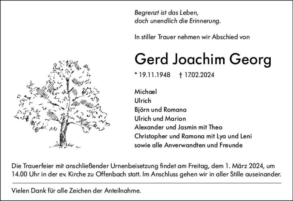  Traueranzeige für Gerd Joachim Georg vom 27.02.2024 aus Dill Block