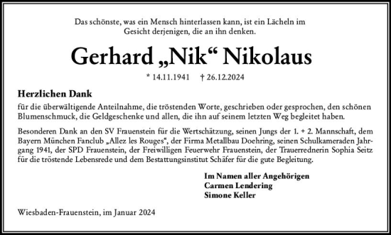 Traueranzeige von Gerhard Nikolaus von Wiesbadener Kurier