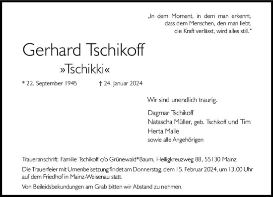 Traueranzeige von Gerhard Tschikoff von Allgemeine Zeitung Mainz