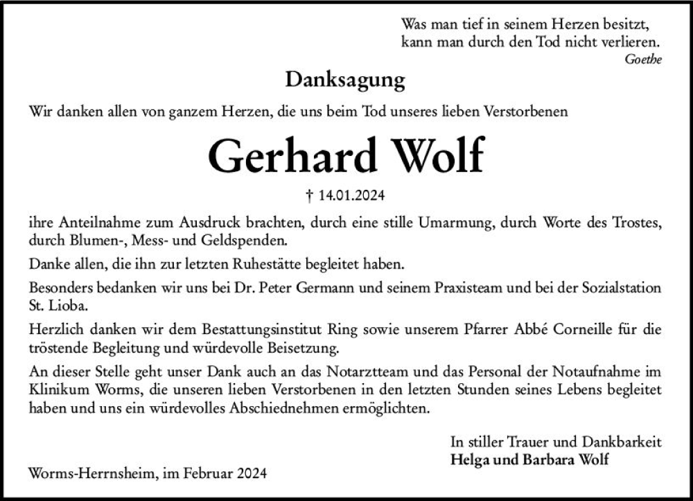  Traueranzeige für Gerhard Wolf vom 10.02.2024 aus Wormser Zeitung