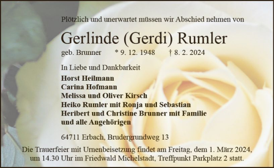 Traueranzeige von Gerlinde Rumler von Odenwälder Echo