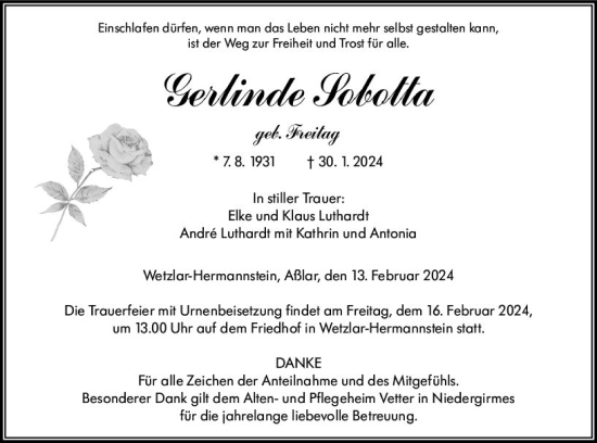 Traueranzeige von Gerlinde Sobotta von Wetzlarer Neue Zeitung