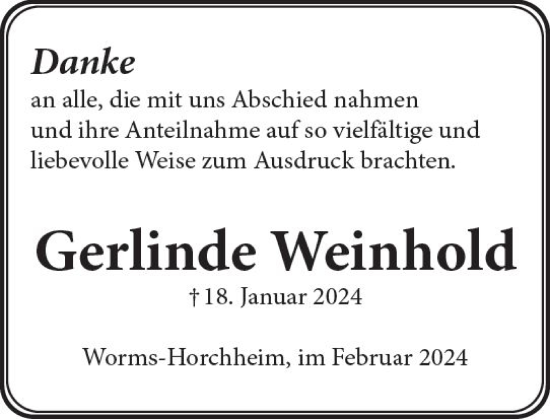 Traueranzeige von Gerlinde Weinhold von Wormser Zeitung