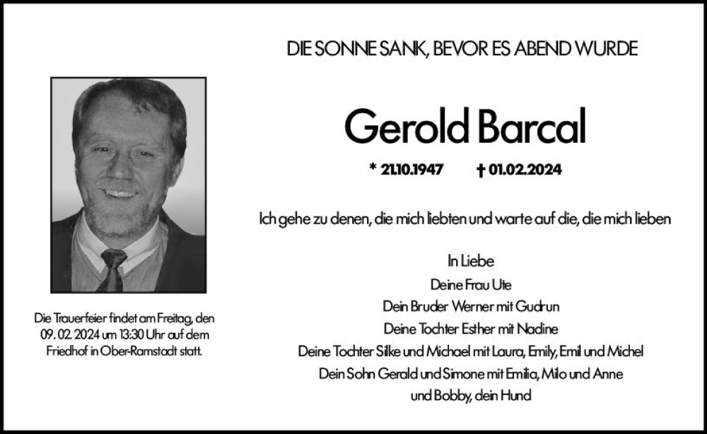  Traueranzeige für Gerold Barcal vom 07.02.2024 aus Darmstädter Echo