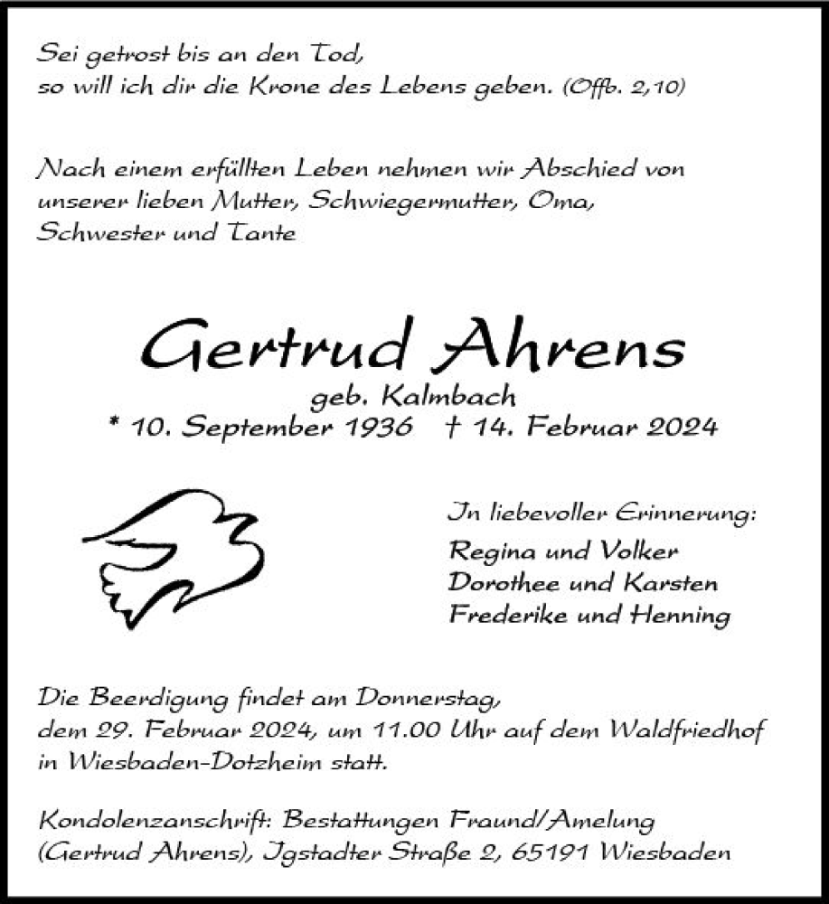  Traueranzeige für Gertrud Ahrens vom 24.02.2024 aus Wiesbadener Kurier