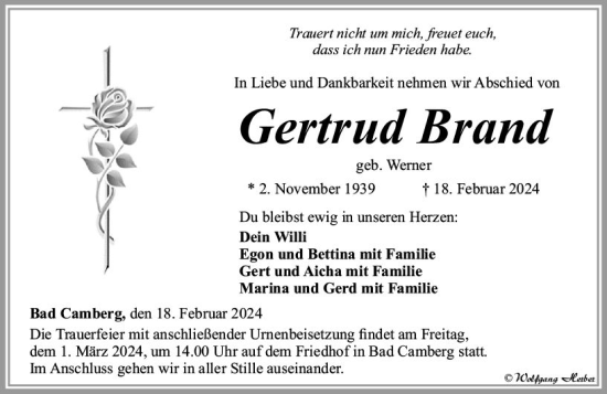 Traueranzeige von Gertrud Brand von Camberger Anzeiger