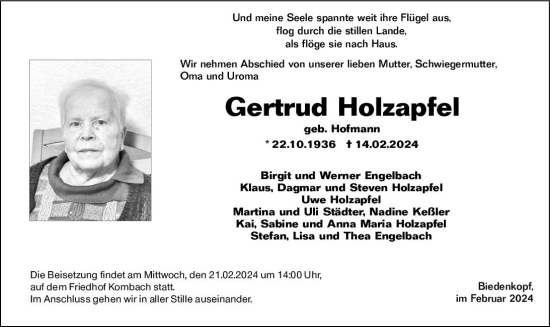 Traueranzeige von Gertrud Holzapfel von Hinterländer Anzeiger