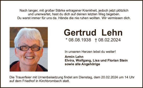 Traueranzeige von Gertrud Lehn von Odenwälder Echo