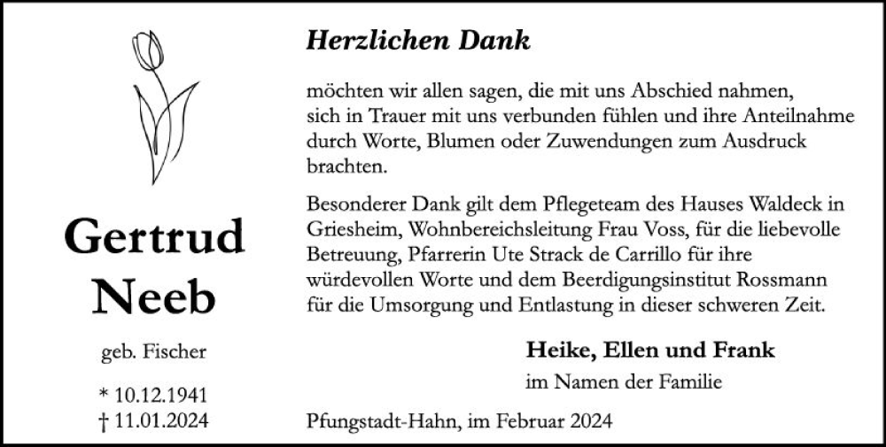  Traueranzeige für Gertrud Neeb vom 10.02.2024 aus Darmstädter Echo