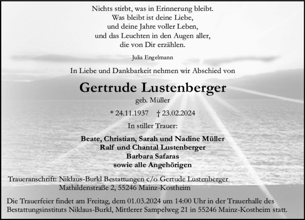  Traueranzeige für Gertrude Lustenberger vom 28.02.2024 aus Allgemeine Zeitung Mainz
