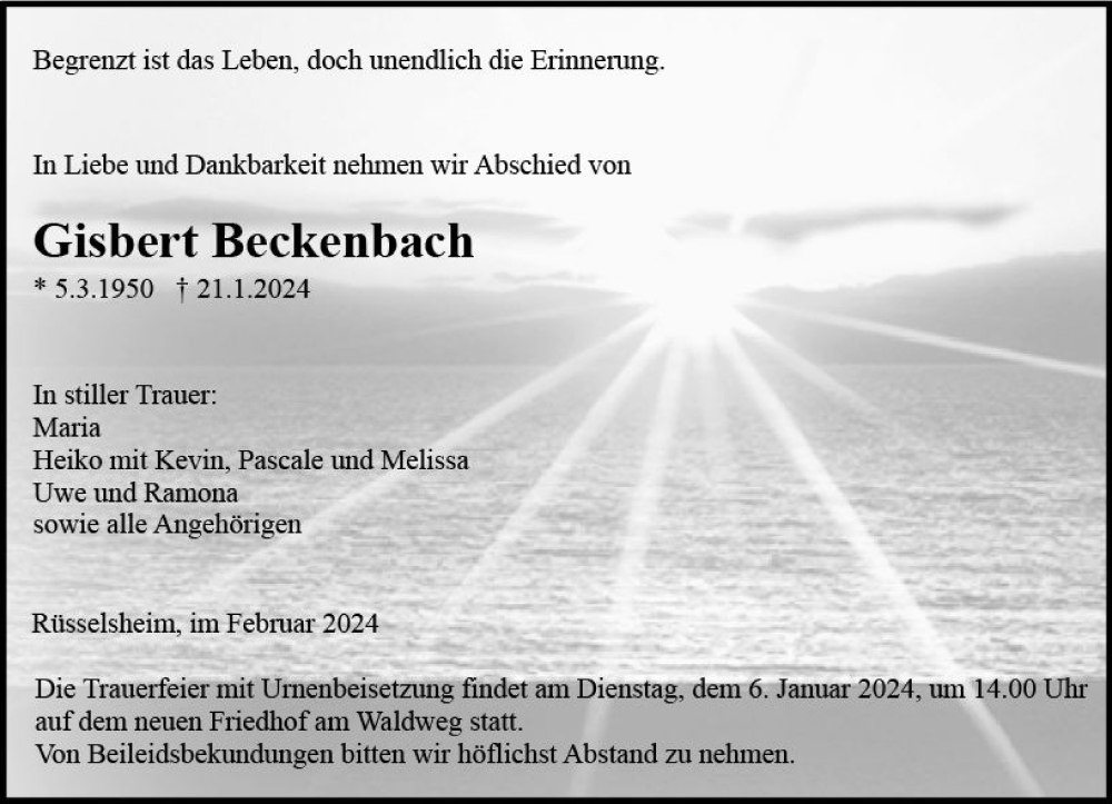  Traueranzeige für Gisbert Beckenbach vom 03.02.2024 aus Rüsselsheimer Echo
