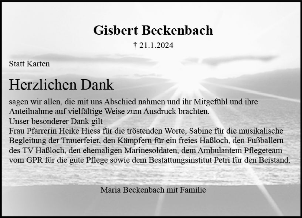  Traueranzeige für Gisbert Beckenbach vom 24.02.2024 aus Rüsselsheimer Echo